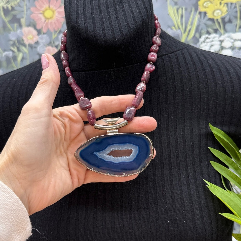 Adorned Crown Jewelry assemblage natural ruby blue agate slice necklace