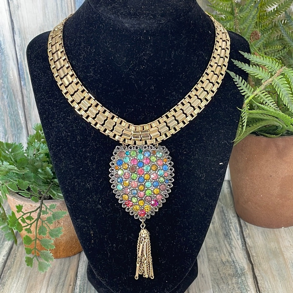 Adorned Crown Artisan assemblage wide golden collar rhinestone necklace