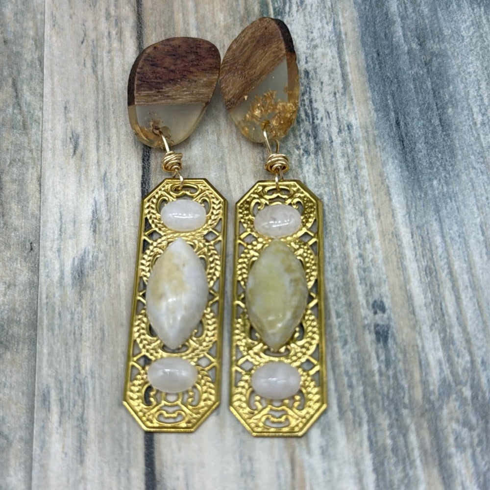 Adorned Crown Jewelry assemblage filigree Wood post quartz cabochon earrings