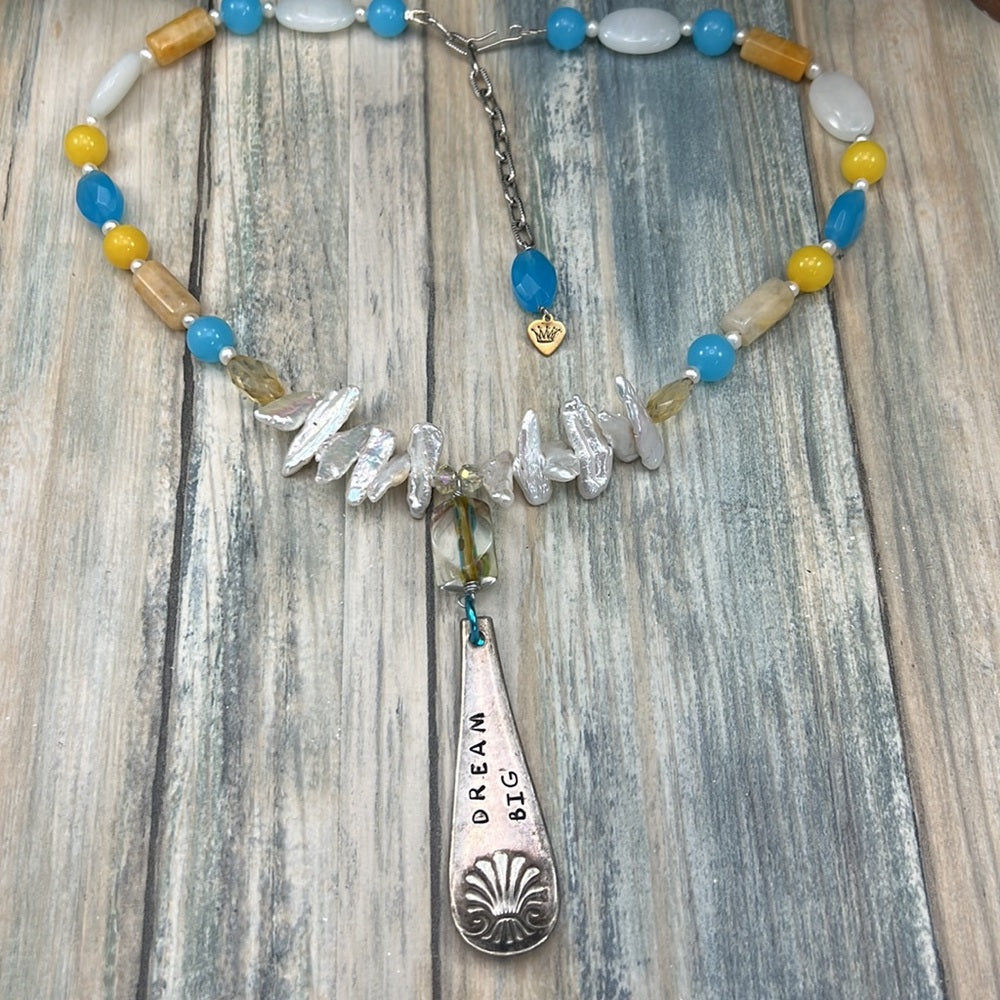 Adorned Crown Artisan Assemblage yellow jade teal quartz dream big necklace