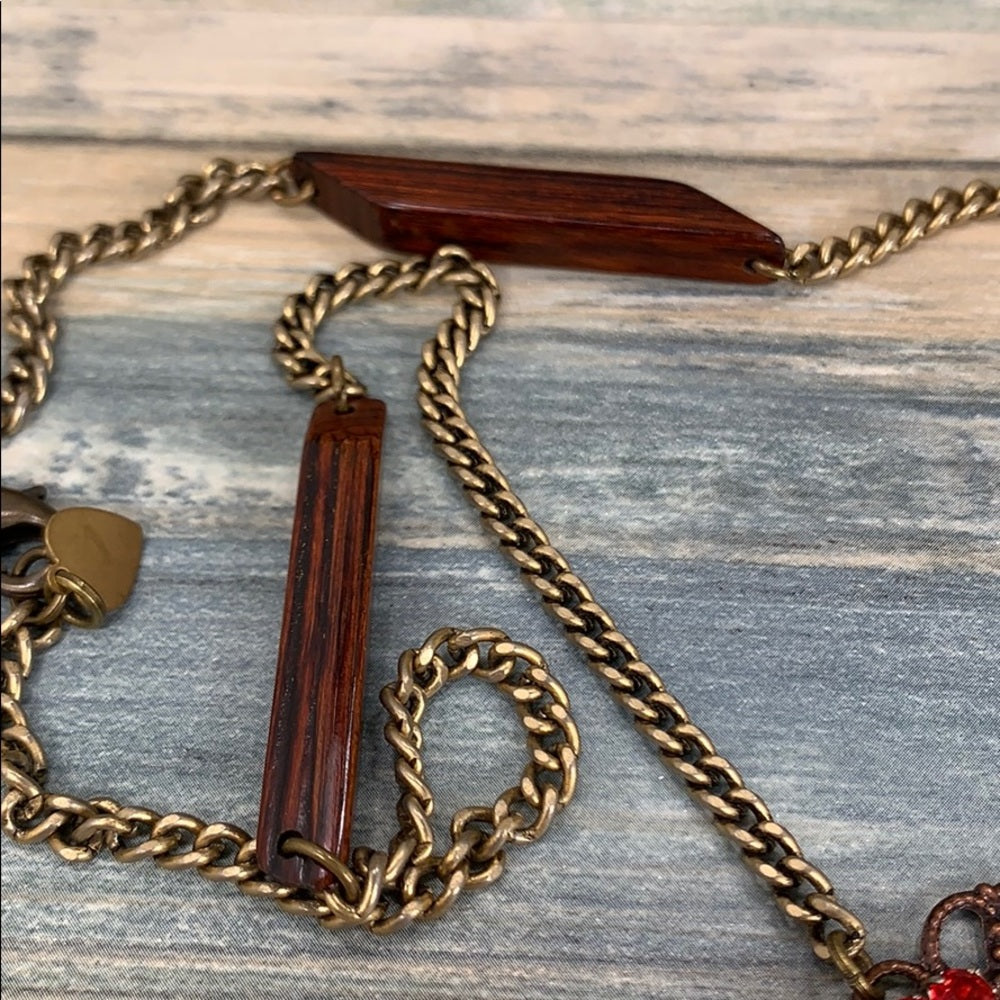 Adorned Crown artisan assemblage wood bead button rhinestone necklace