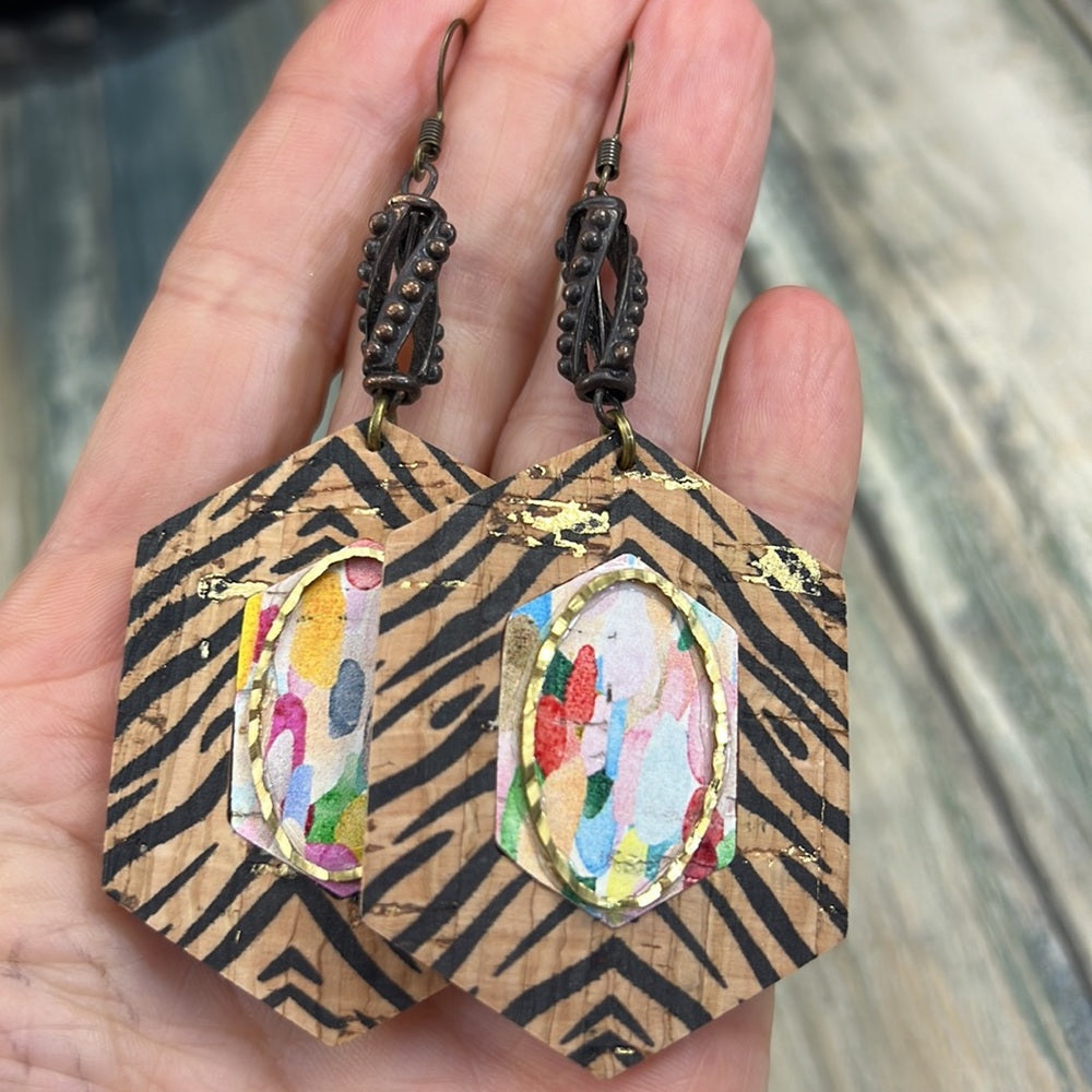 Adorned Crown Artisan Assemblage faux leather & metal zebra cork earrings