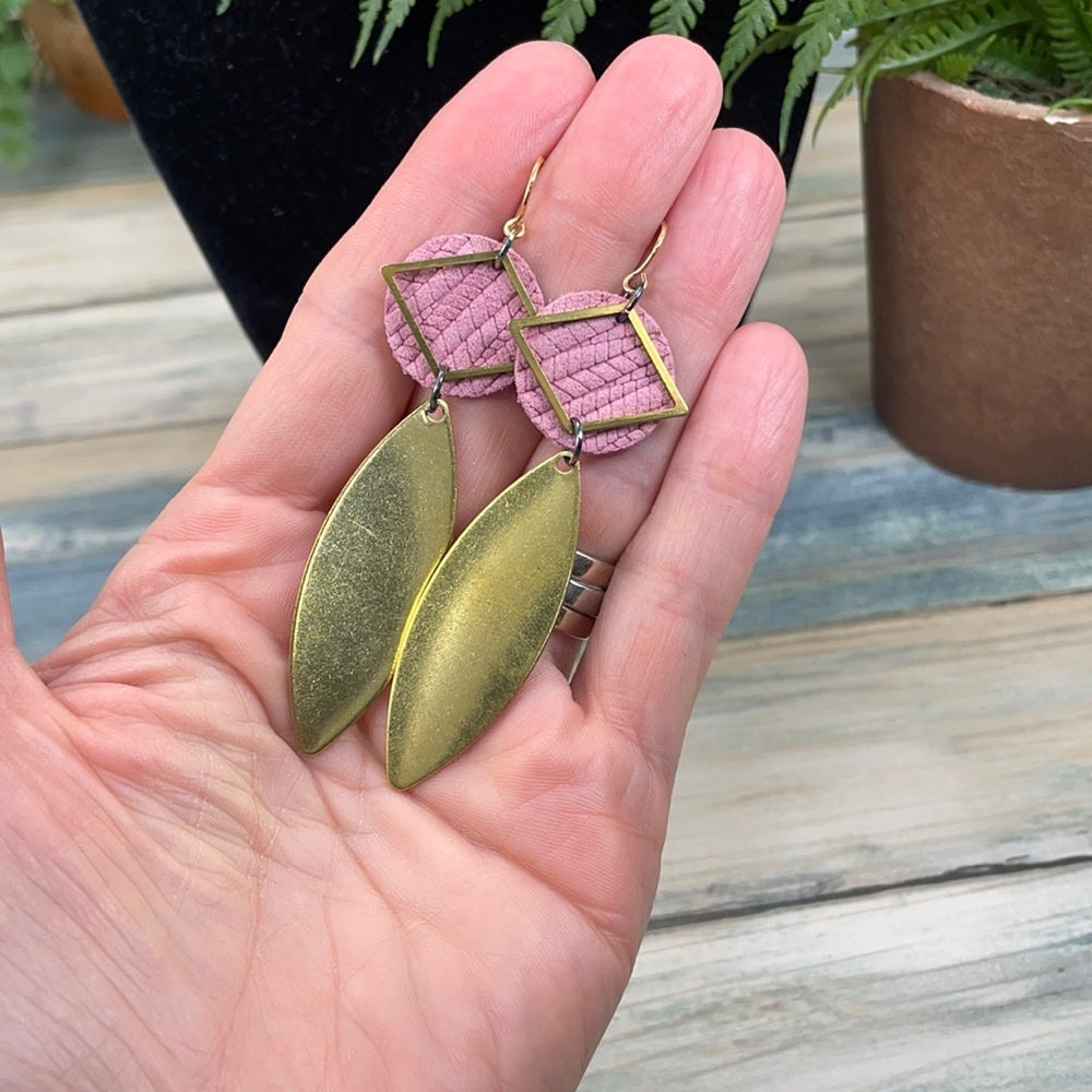 Adorned Crown leather disc brass drop earrings blush & diamond shape