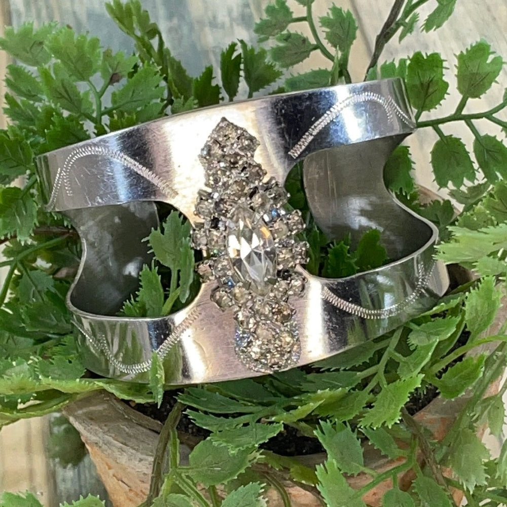 Adorned Crown artisan assemblage metal etched rhinestone cuff bracelet