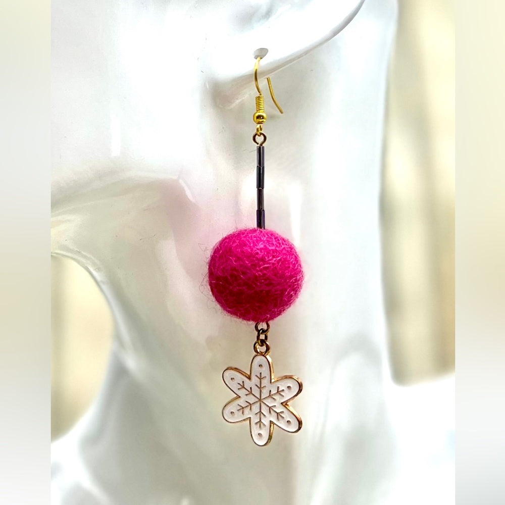 Adorned Crown Jewelry assemblage Christmas earrings pink wool ball snowflake
