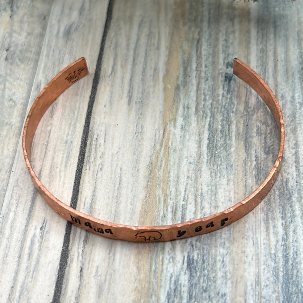 Adorned Crown Artisan stamp texture copper cuff bracelet 1 size MAMA BEAR