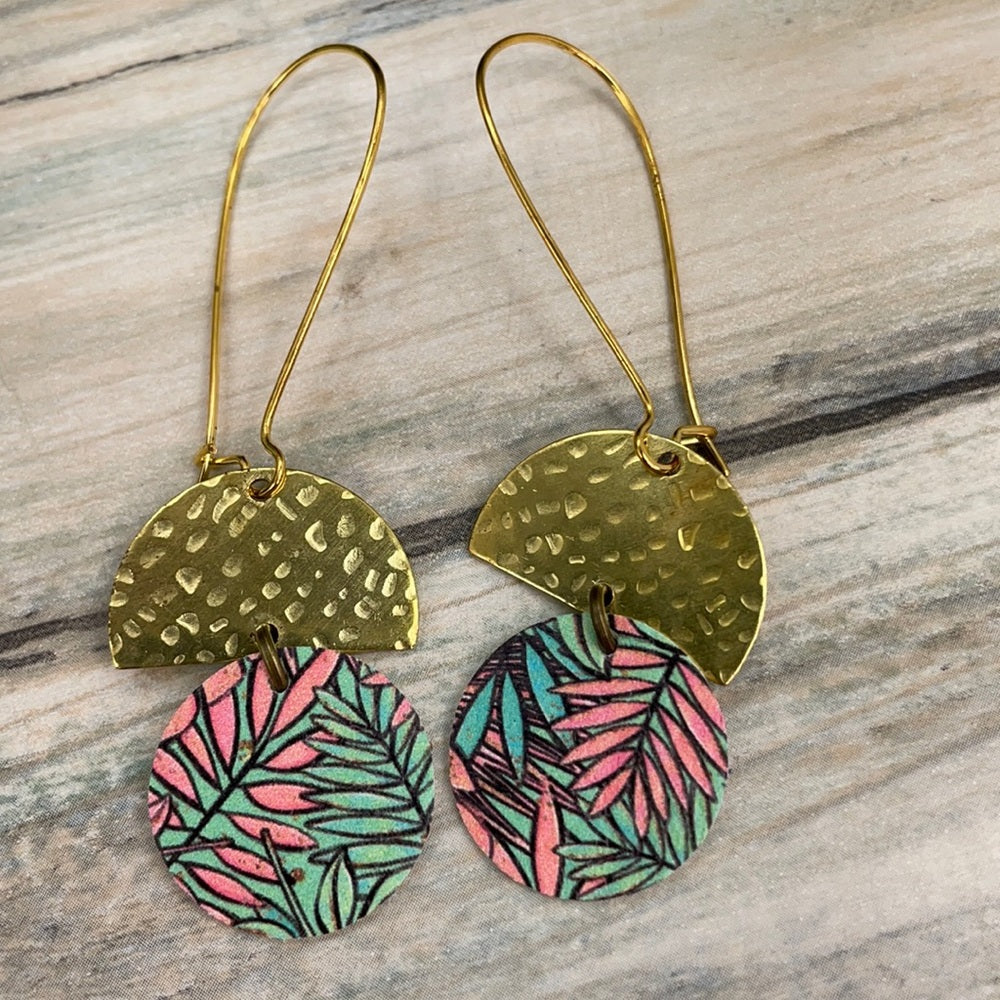 Adorned Crown geo tropical floral leather hammered brass earrings