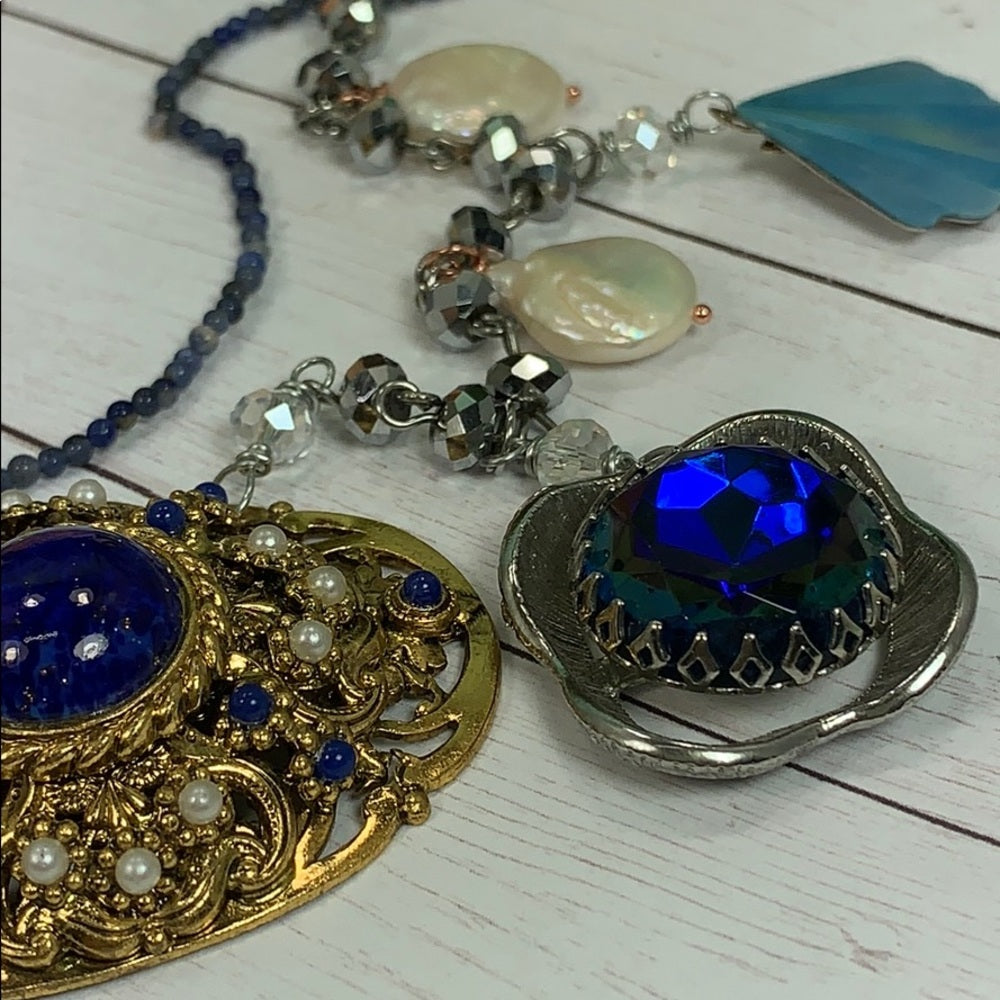 Adorned Crown artisan assemblage blue elements Pearl 2 strand necklace