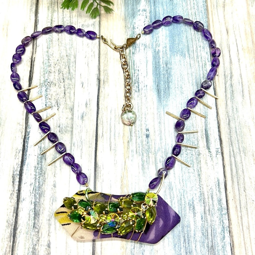 Adorned Crown Jewelry artisan assemblage amethyst rhinestone buckle necklace