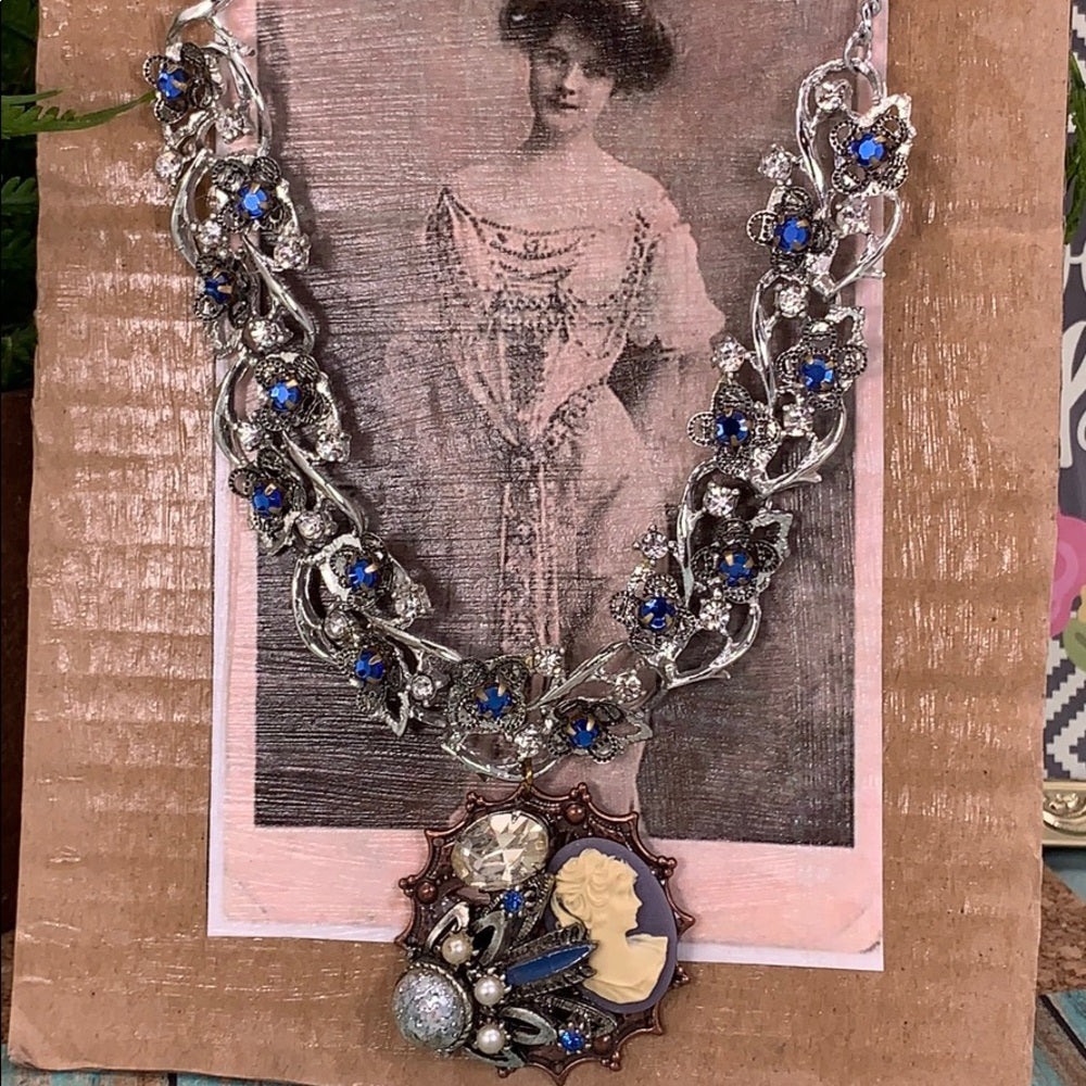 Adorned Crown Artisan assemblage “something blue” cluster rhinestone necklace