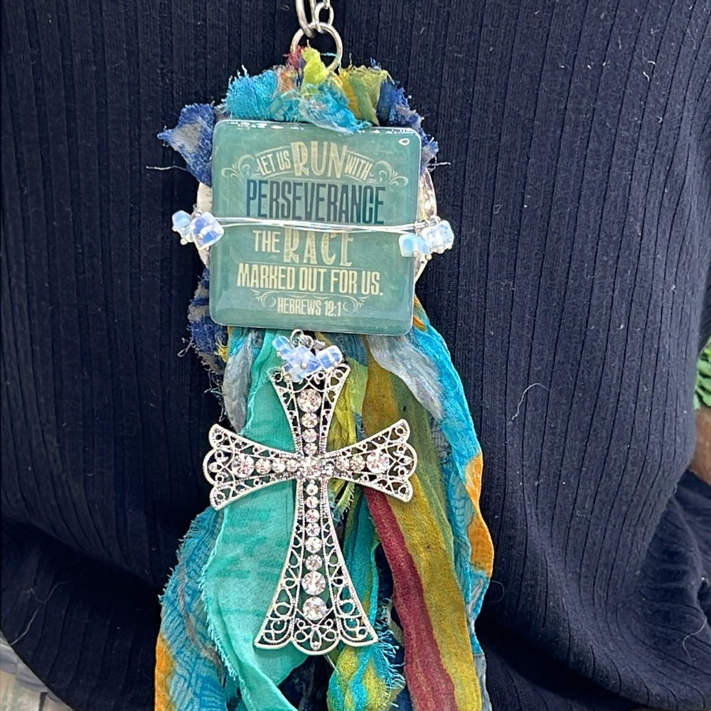 Adorned Crown Jewelry assemblage perseverance run race tassel cross necklace