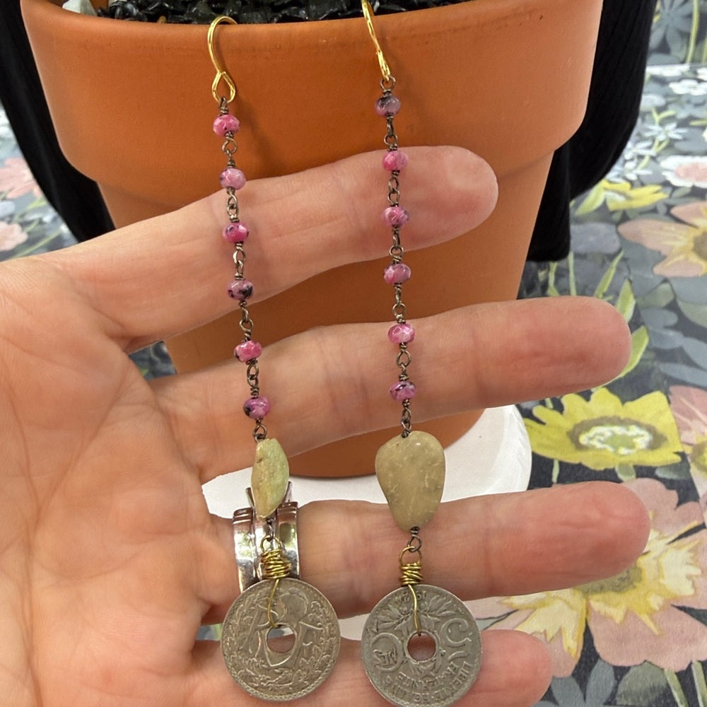 Adorned Crown Jewelry assemblage boho pink green coin stone earrings