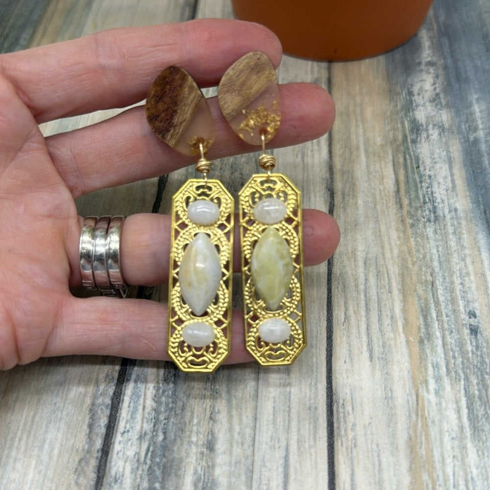 Adorned Crown Jewelry assemblage filigree Wood post quartz cabochon earrings