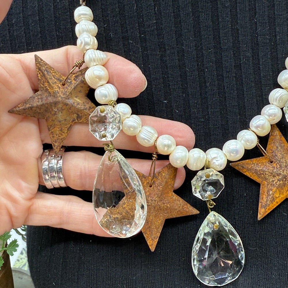 Adorned Crown Jewelry assemblage Christmas rusty Star crystal necklace