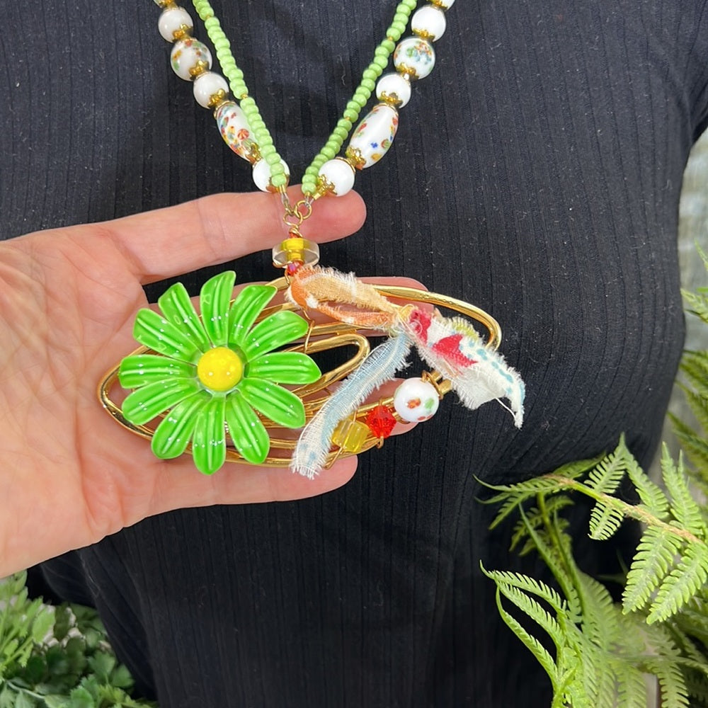 Adorned Crown Jewelry Artisan Assemblage atomic green enamel flower necklace