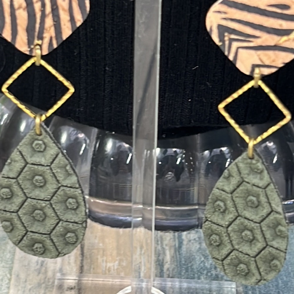 Adorned Crown Artisan Assemblage leather double drop zebra green earrings