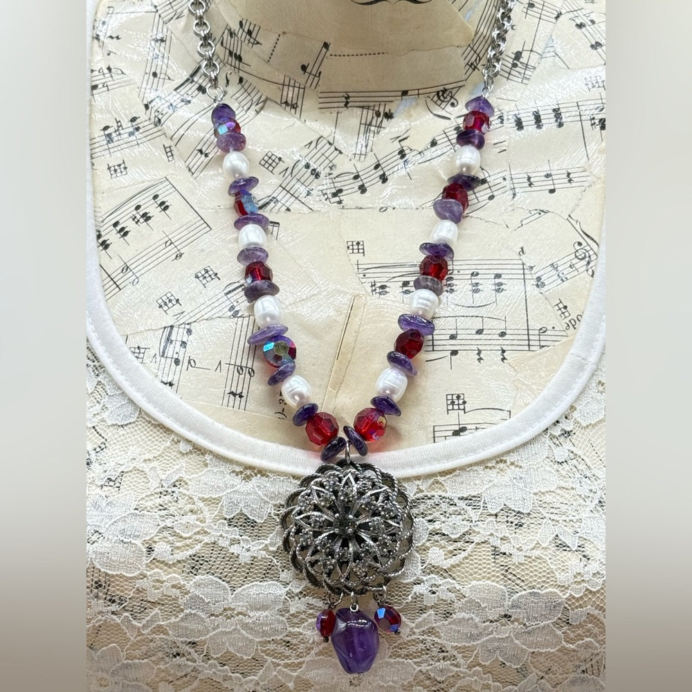 Adorned Crown Jewelry assemblage amethyst pearl red crystal pendant necklace