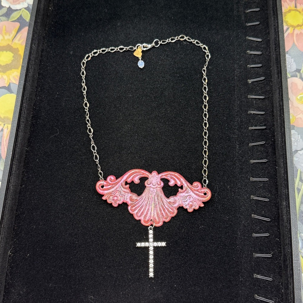 Adorned Crown Jewelry assemblage pink statement crystal cross necklace