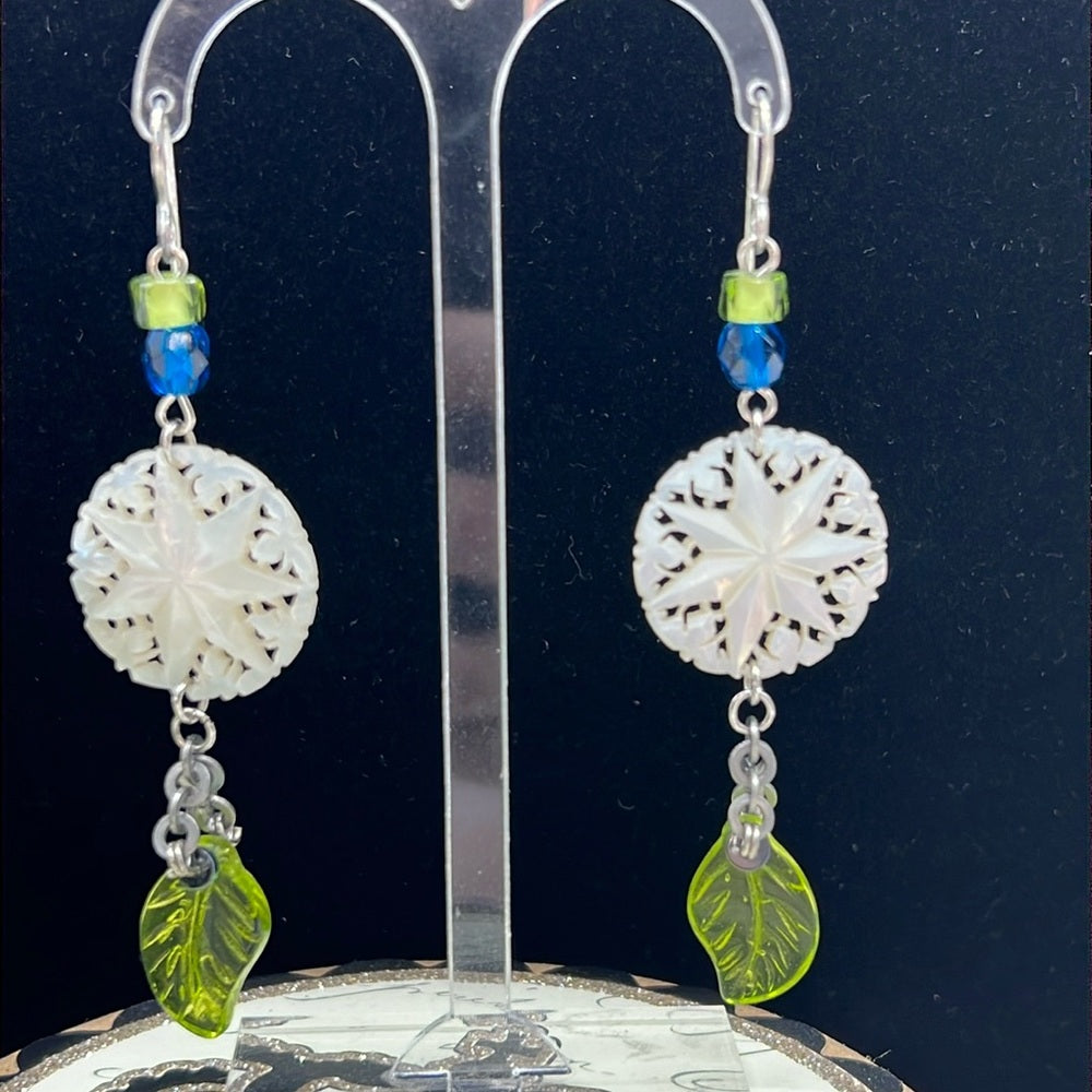 Adorned Crown Jewelry mother of pearl etched Czech glass leaf bead earrings