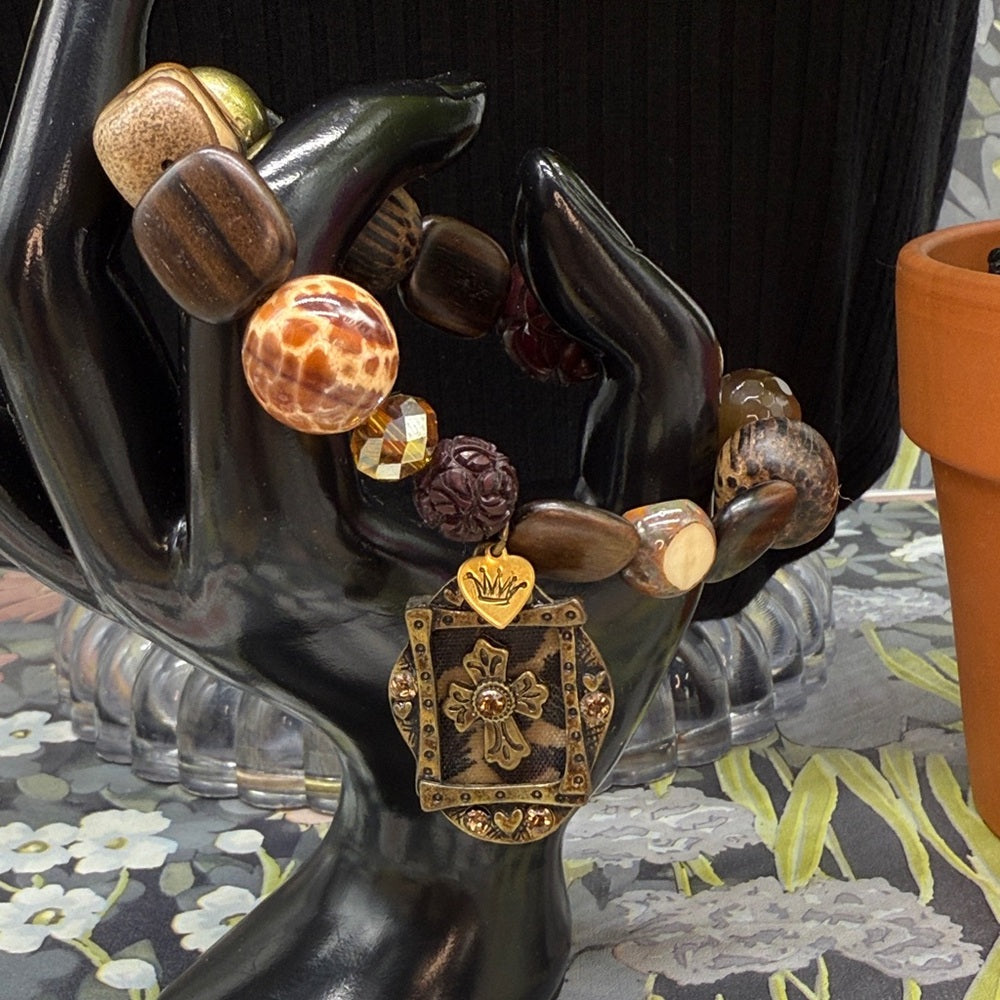 Adorned Crown Jewelry assemblage stretch beaded brown cross bracelet