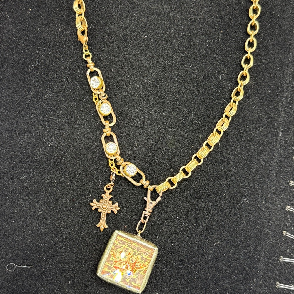 Adorned Crown Jewelry assemblage bezel red crown mix metal dual side necklace