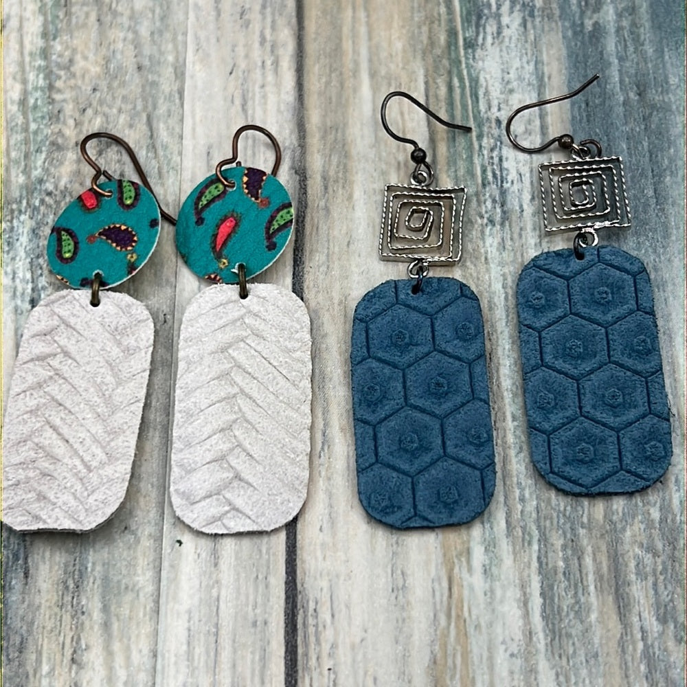 2 pair Adorned Crown Artisan Assemblage leather earrings swirl paisley