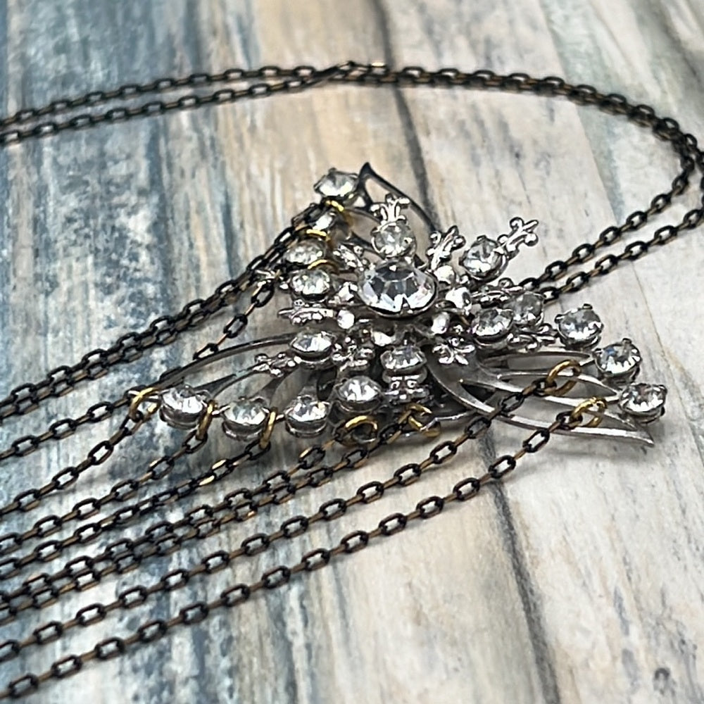 Adorned Crown Artisan Assemblage rhinestone gold black chain Angel necklace