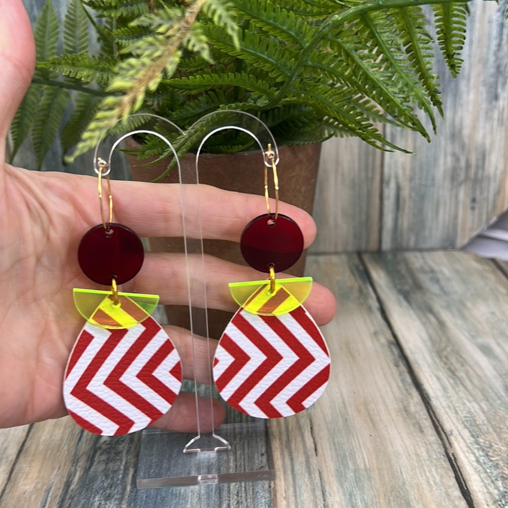 Adorned Crown Artisan Assemblage leather lucite red chevron earrings