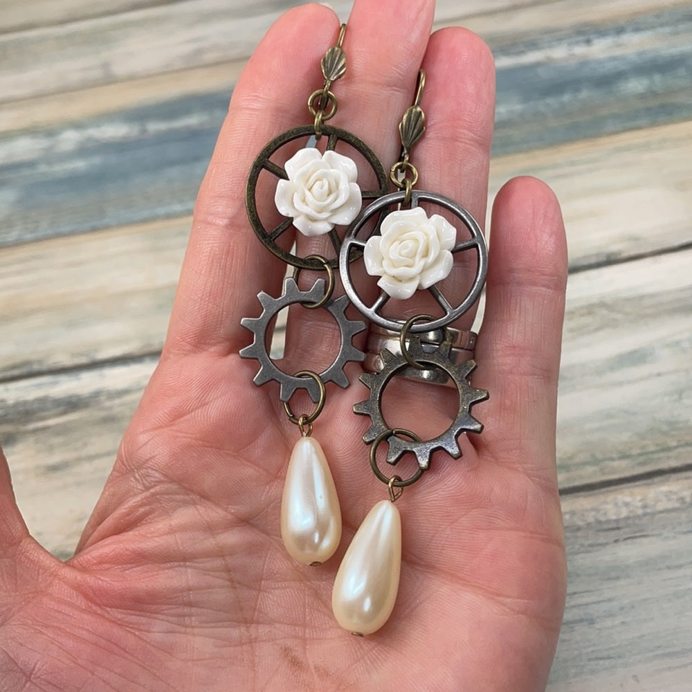 Adorned Crown assemblage steampunk gear white floral earrings