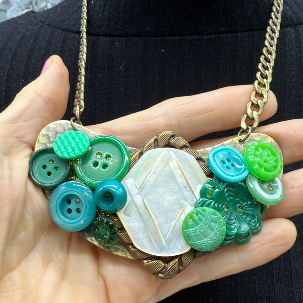 Adorned Crown Jewelry assemblage vintage button bib collage green necklace