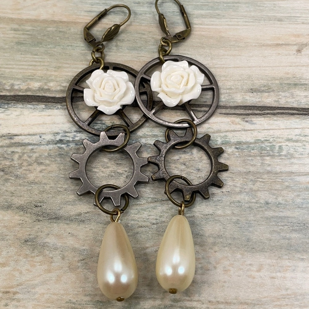 Adorned Crown assemblage steampunk gear white floral earrings