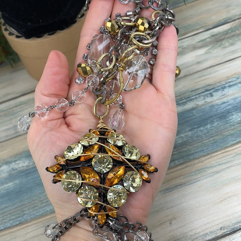 Adorned Crown Artisan Assemblage rhinestone bling drops of gold necklace