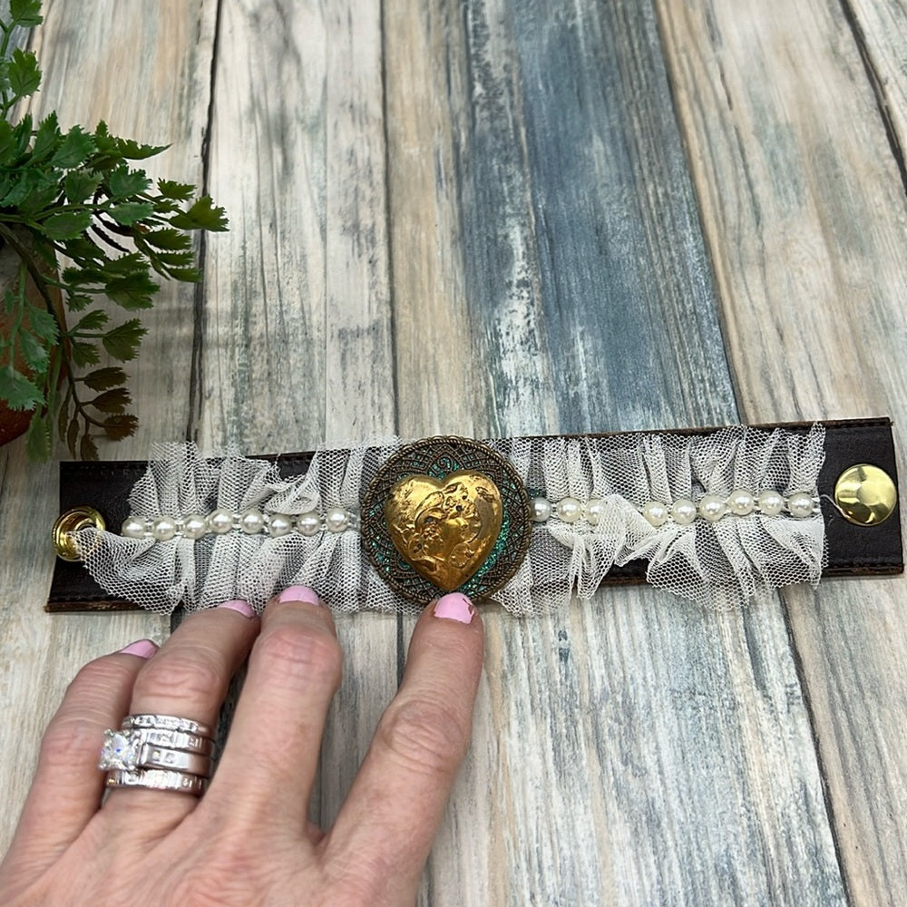Adorned Crown Jewelry artisan assemblage leather lace lady heart cuff #3