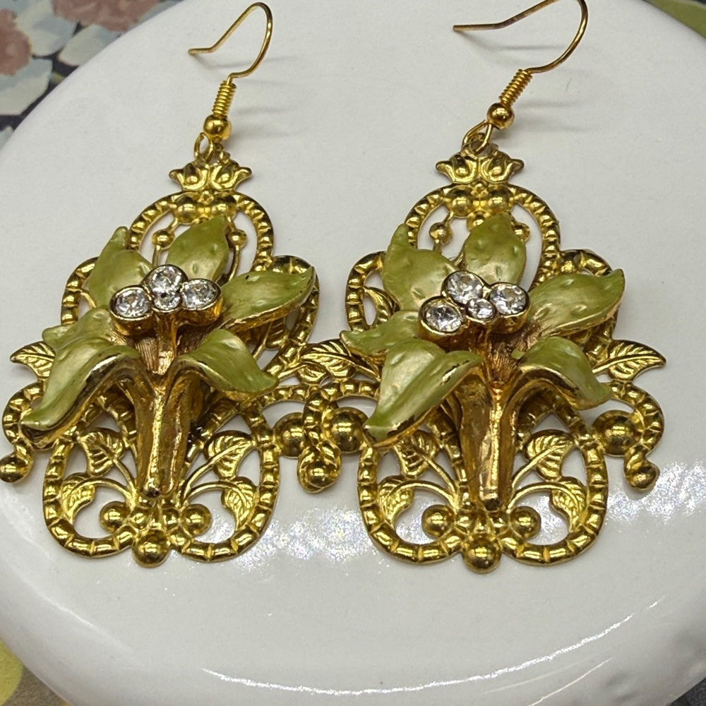 Adorned Crown Jewelry assemblage Lilies on filigree dangle earrings