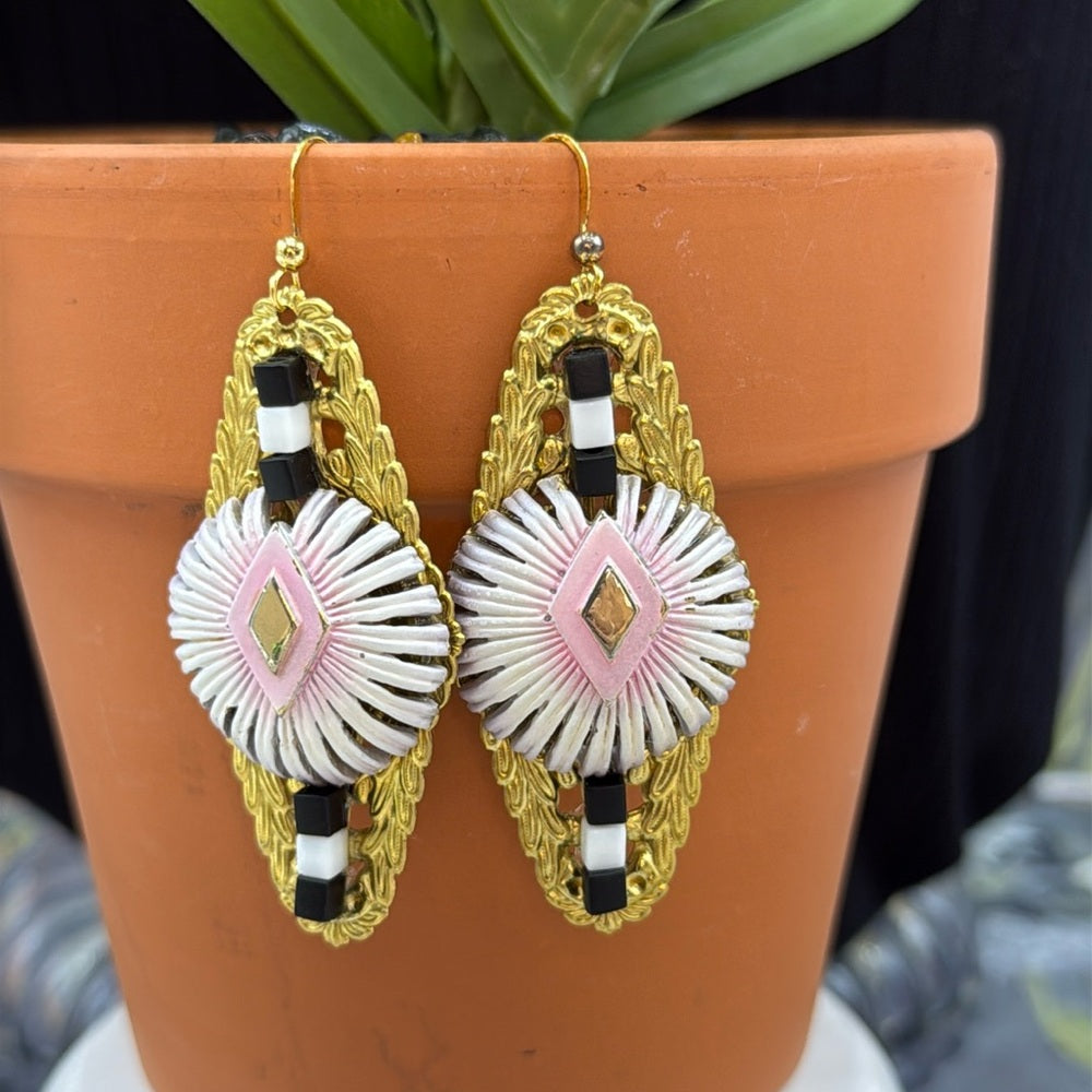 Adorned Crown Jewelry assemblage filigree pink black mod earrings