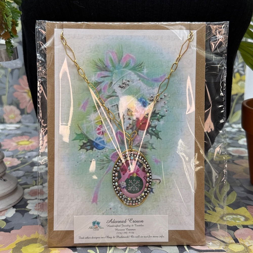 Adorned Crown Jewelry assemblage Christmas rhinestone bezel ornament necklace