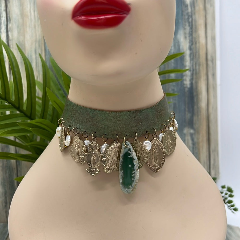 Adorned Crown Jewelry steampunk leather choker religious charm pearl necklace