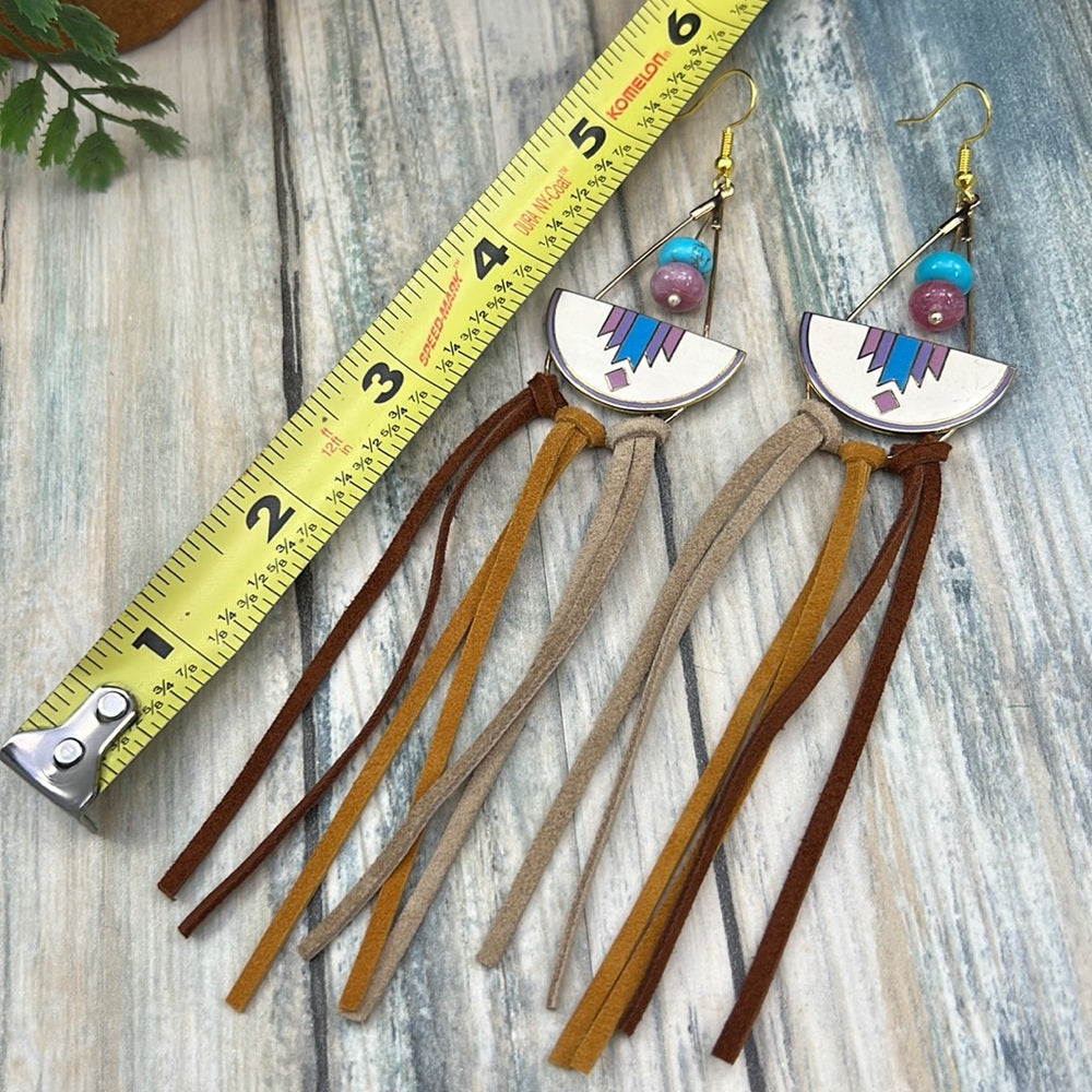 Adorned Crown cowgirl collection turquoise enamel leather tassel earrings
