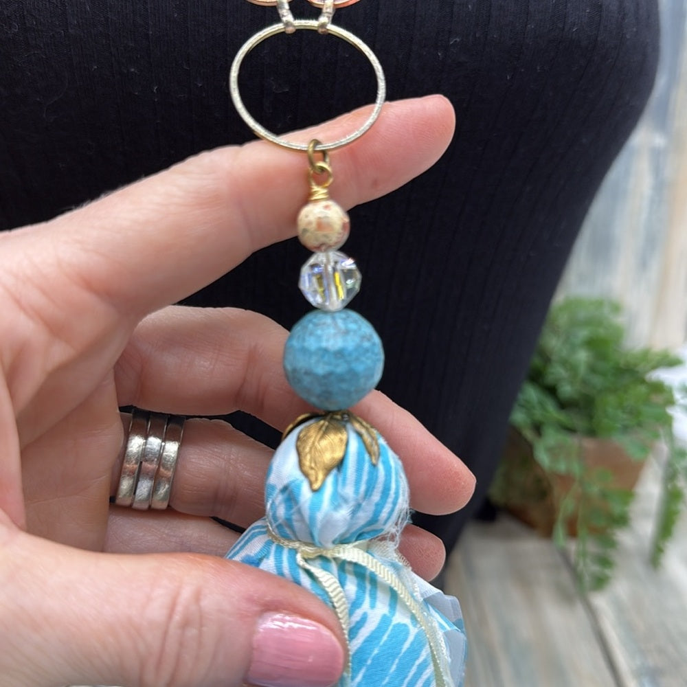 Adorned Crown Jewelry assemblage Bohemian silk ribbon Tassel Necklace Blue
