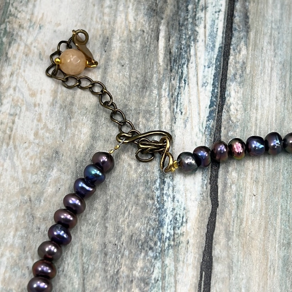 Adorned Crown Artisan Assemblage stone pendant button genuine Pearl necklace