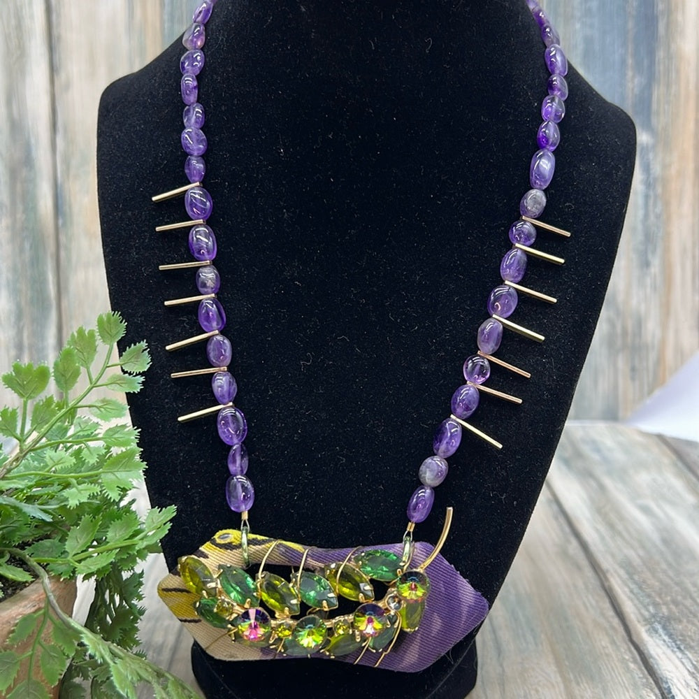 Adorned Crown Jewelry artisan assemblage amethyst rhinestone buckle necklace