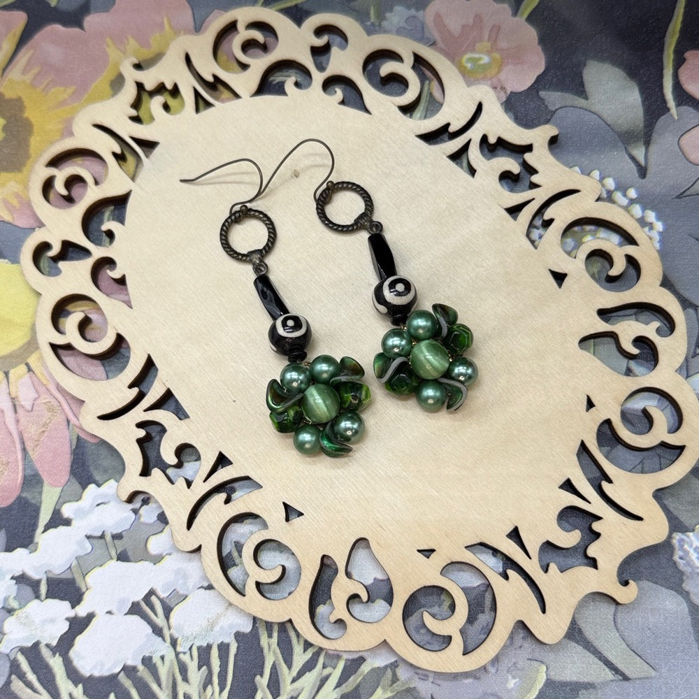 Adorned Crown Jewelry assemblage green cluster bone drop long earrings
