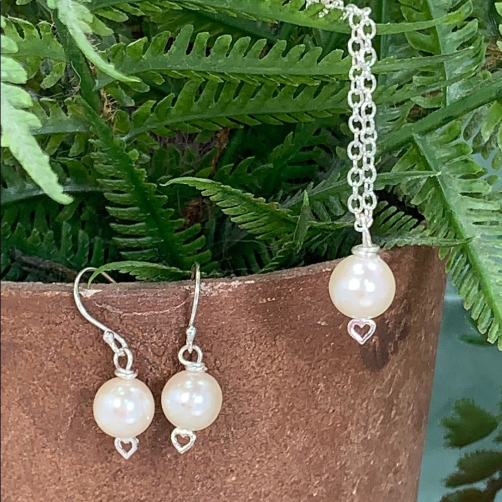 Adorned Crown glass pearl bead heart sterling set 3 earrings & necklace