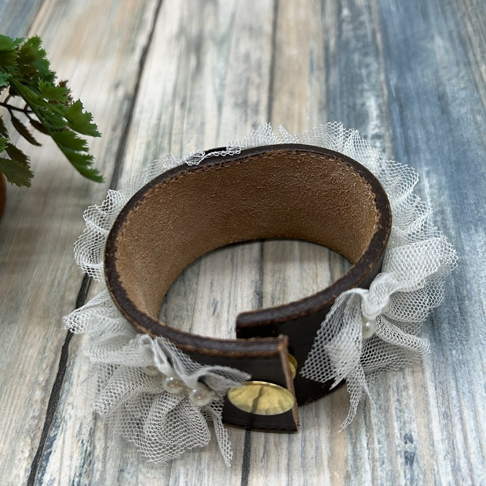 Adorned Crown Jewelry artisan assemblage lace textured metal leather cuff #1