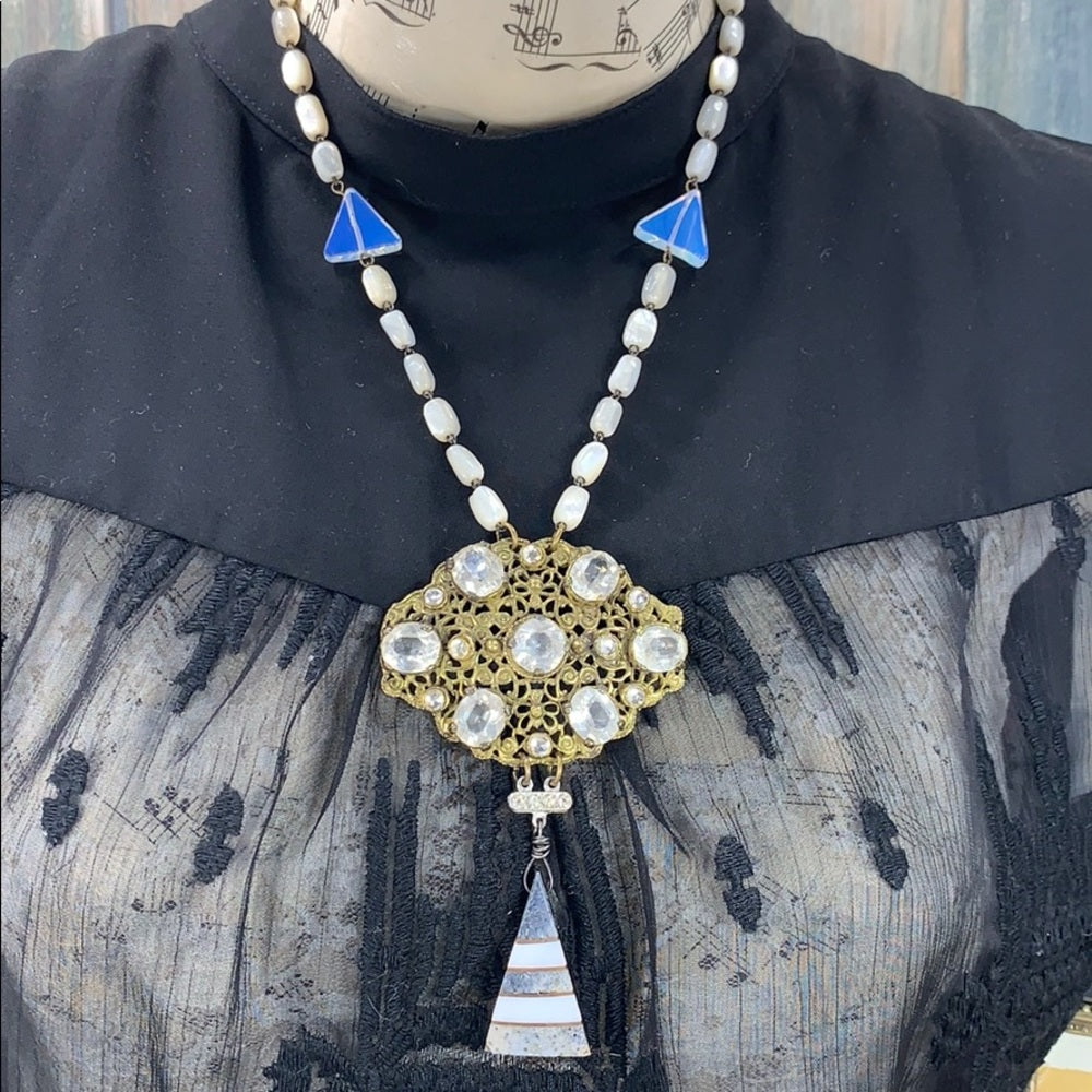 Adorned Crown artisan assemblage crystal & moonstone & pearl necklace