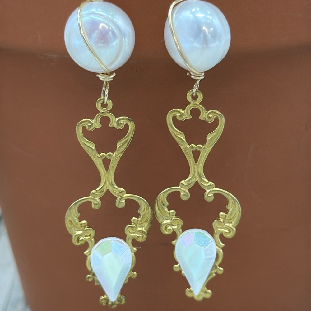 Adorned Crown Jewelry assemblage filigree Pearl Czech glass earrings