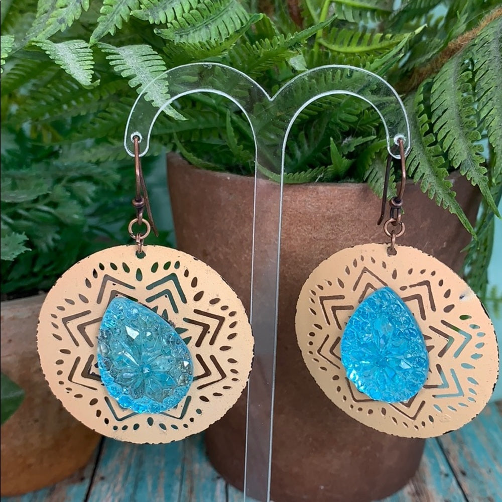 Adorned Crown assemblage boho Czech glass teal peach circle earrings