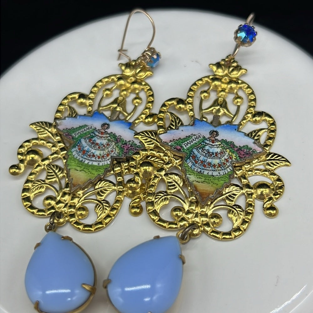 Adorned Crown Jewelry artisan assemblage enamel leaf filigree Czech earrings
