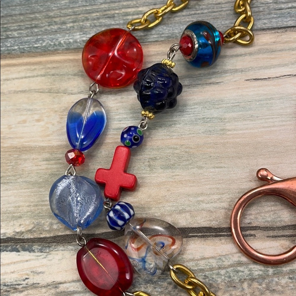 Adorned Crown artisan assemblage red blue bead keychain badge lanyard