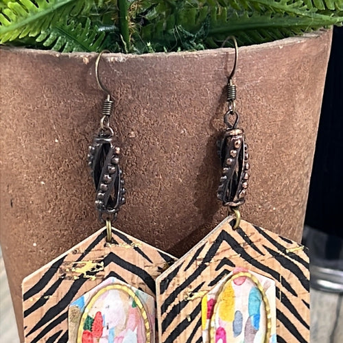 Adorned Crown Artisan Assemblage faux leather & metal zebra cork earrings